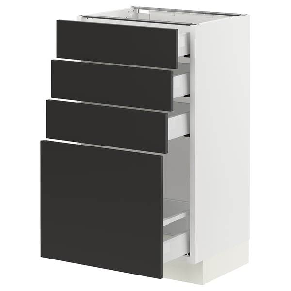 Modern kitchen cabinet in white with four black drawers, sleek and minimalist design.