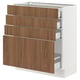 Depicts an ikea SEKTION kitchen cabinet with four wooden drawers and a white frame, combining walnut and white elements.