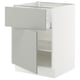 White SEKTION kitchen cabinet with grey drawer, modern clean design, adjustable shelves.