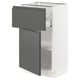 A modern kitchen cabinet in white with dark grey drawers and doors. It a sleek design with integrated handles and adjustable shelves.