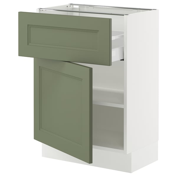 A SEKTION kitchen cabinet with green-gray doors and a drawer, featuring a modern design with a sturdy white frame.