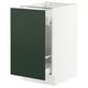 Modern green kitchen cabinet with white interior, sleek design.