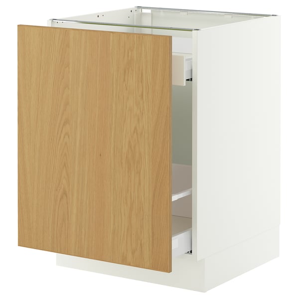 White SEKTION cabinet with oak drawer, modern design.