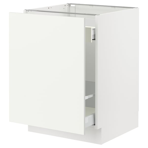 A white SEKTION kitchen cabinet with one door open, revealing shelves inside.
