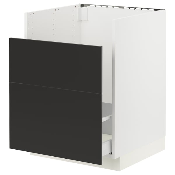Black and white kitchen cabinet from SEKTION series, modern design, particleboard and steel construction, sleek minimalist look.