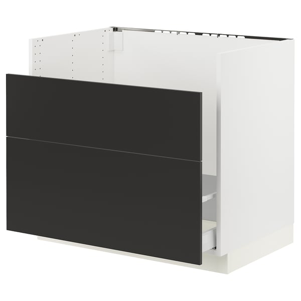 Modern kitchen cabinet, white with black drawers, sleek design.
