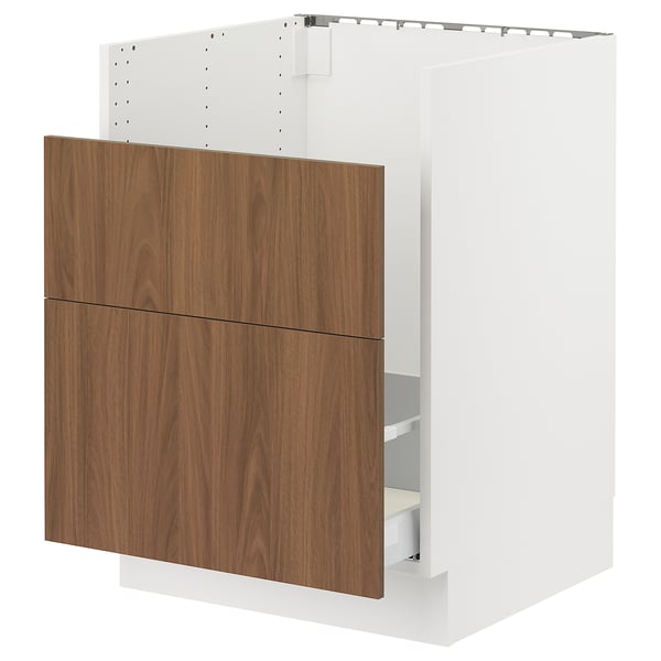 Modern kitchen cabinet, white with walnut drawers. Three drawers, sleek design.