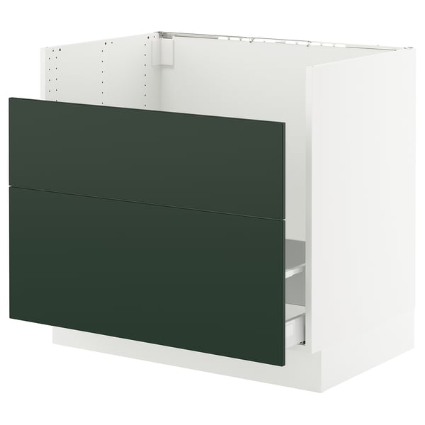 SEKTION kitchen cabinet in green with white frame.