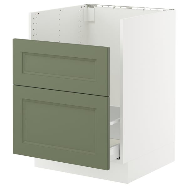 Ikea SEKTION kitchen cabinet, green-gray, two doors, white frame, modern design.