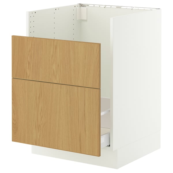 A white SEKTION cabinet with wooden drawer fronts. It has a rectangular shape and smooth edges, with a sleek scandinavian design.