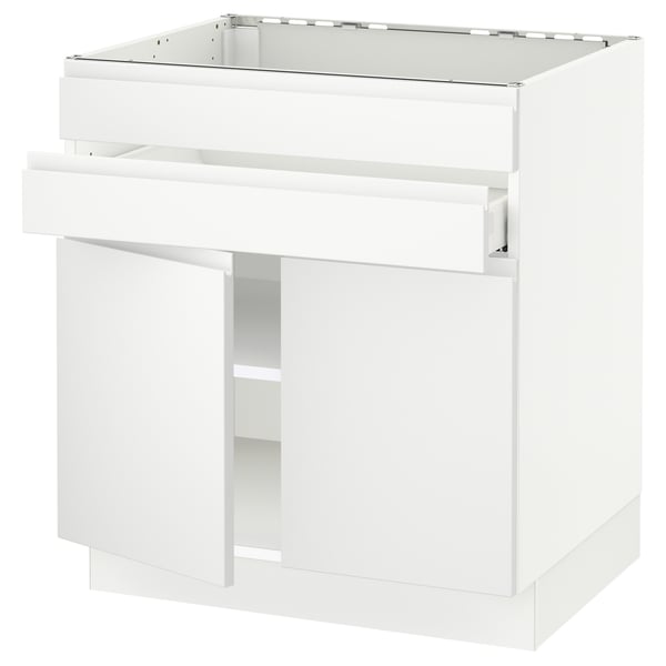 White SEKTION kitchen unit, matte, modern minimalist design, boxy shape, metal and wood.