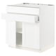 SEKTION kitchen unit in white with adjustable shelves, solid frame, and wood grain texture.