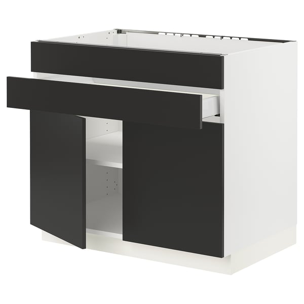 Black & white kitchen unit, modern, rectangular, with one open shelf, matt black and white finish, contemporary design.