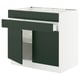 Modern green-white kitchen cabinet with drawers and shelves, angled view.