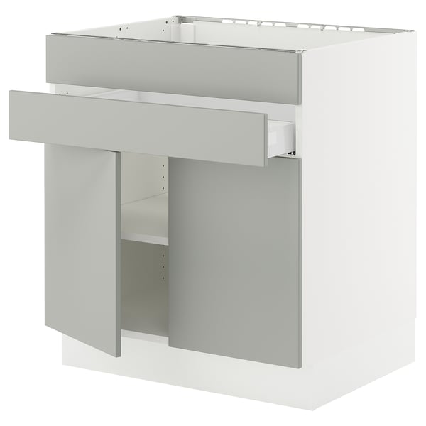 SEKTION kitchen cabinet in light grey with adjustable shelves.