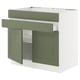 Green kitchen cabinet with drawers & shelves, modern design.