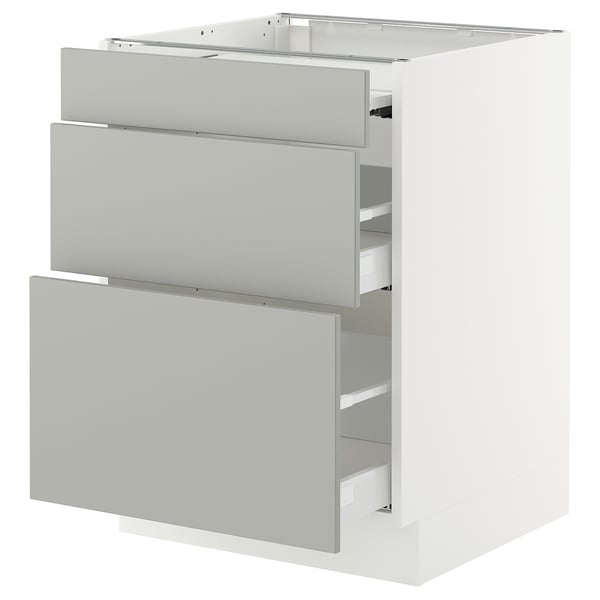 Modern white cabinet with grey drawers, sleek minimalist design.