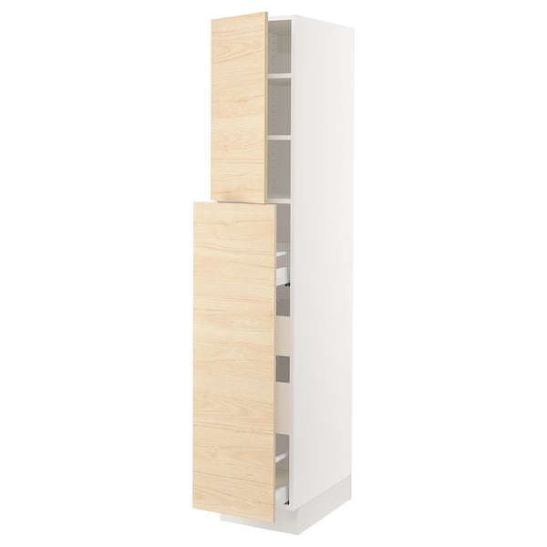 White & light wood tall kitchen cabinet with adjustable shelves