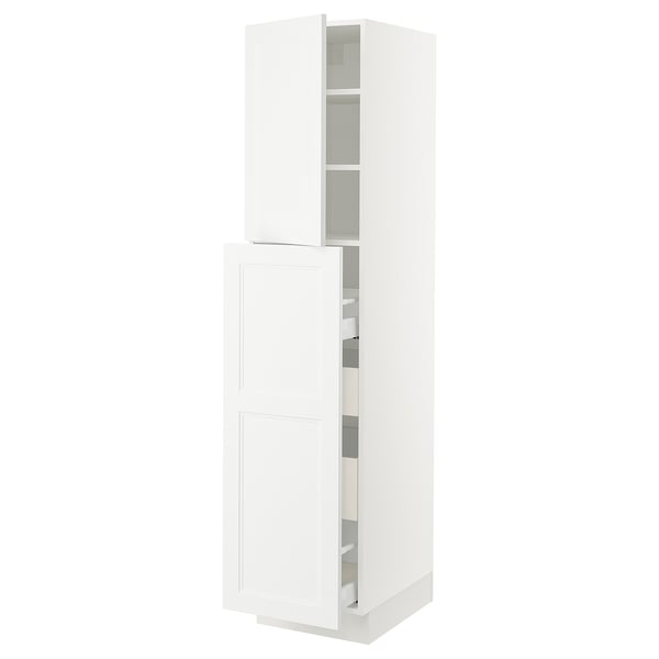 A white ikea SEKTION tall kitchen cabinet with open doors, showcasing shelves inside.