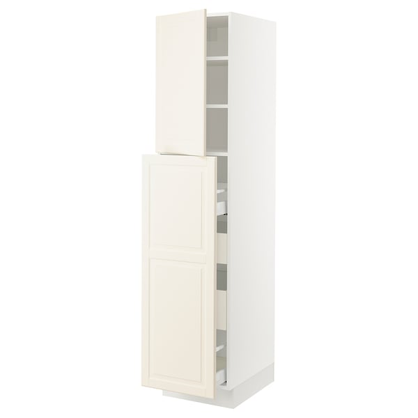 White SEKTION kitchen cabinet with off-white doors, adjustable shelves, and bevelled edges.