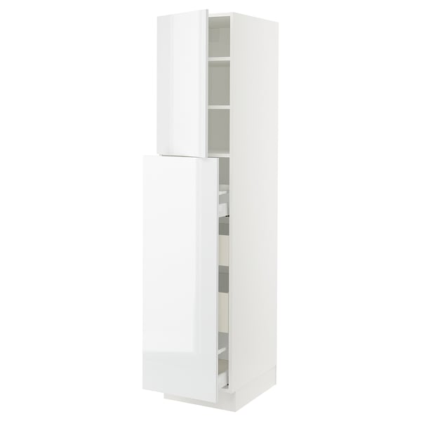 A white SEKTION kitchen cabinet with glossy doors and adjustable shelves.