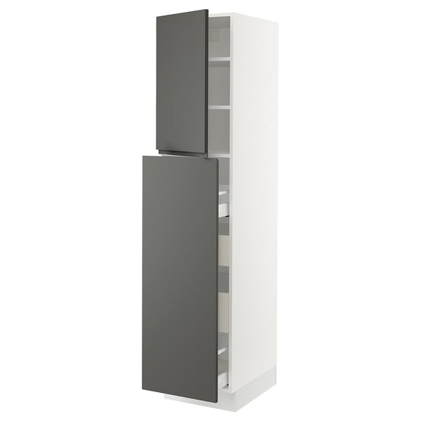 A tall white and dark grey cabinet from the SEKTION kitchen system, featuring multiple shelves and a modern design with integrated handles.