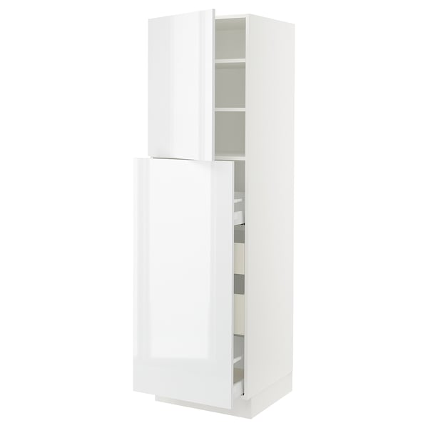 High gloss white kitchen cabinet with adjustable shelves and drawers.