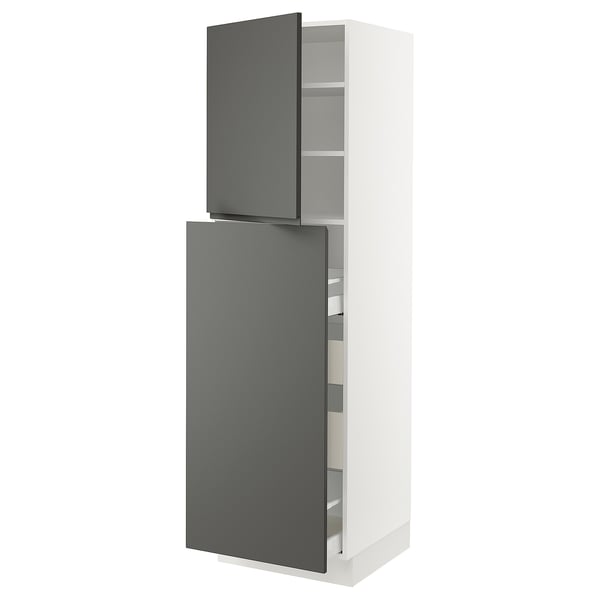 Modern kitchen cabinet, tall white unit with dark grey doors.