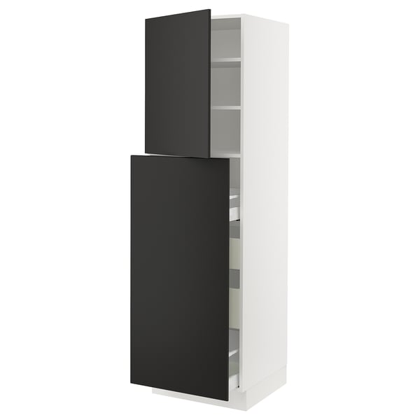 Modern kitchen cabinet with black doors; tall, rectangular, adjustable shelves, quality materials.