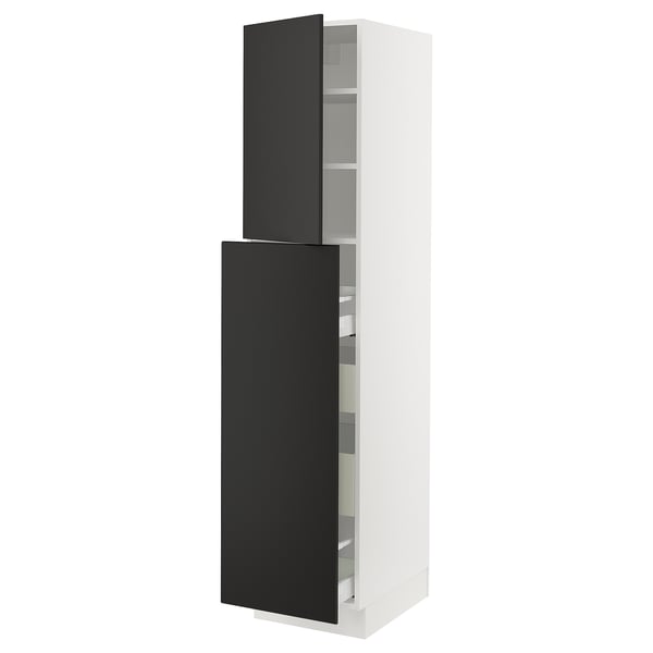 A modern, tall, white kitchen cabinet with black doors. It an adjustable shelf and a high-quality, sleek design.