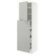 Modern white kitchen cabinet with one open door, light grey, rectangular, has shelves.