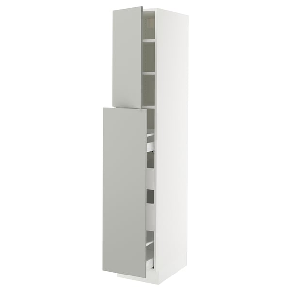 Modern white kitchen cabinet with light grey doors and adjustable shelves.
