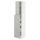 Modern white kitchen cabinet with light grey doors and adjustable shelves.
