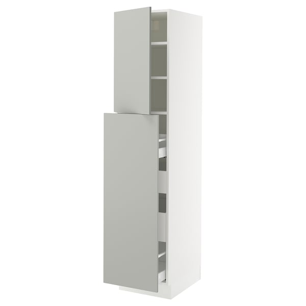 White tall kitchen cabinet with adjustable shelves and grey drawer.