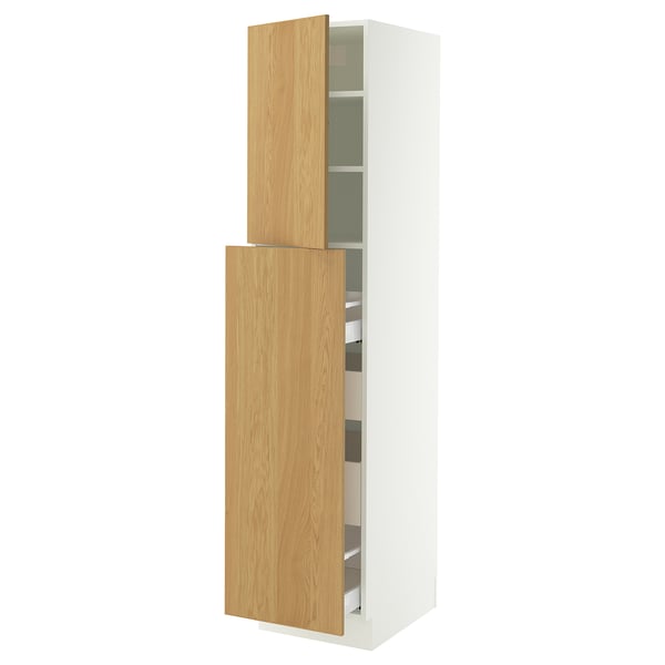 A white SEKTION kitchen cabinet with two wooden doors, one open revealing adjustable shelves.