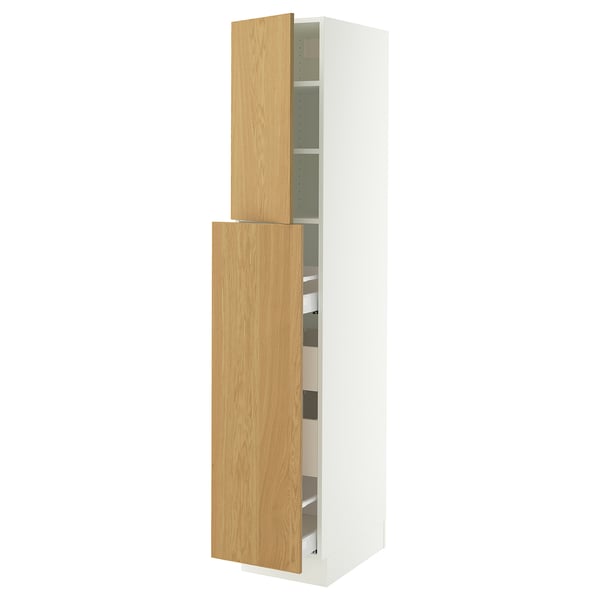 A tall white cabinet with light wooden doors, adjustable shelves, and open drawers. Modern design with smooth, full-extension drawers.
