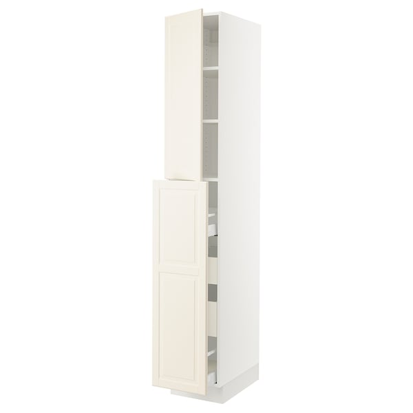 Off-white kitchen cabinet, tall, rectangular, three sections, two adjustable shelves.