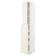 Off-white kitchen cabinet, tall, rectangular, three sections, two adjustable shelves.
