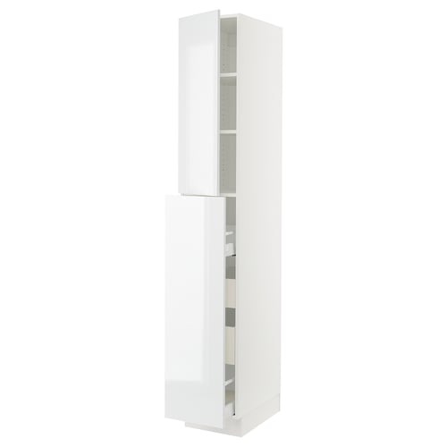 White tall kitchen cabinet with two doors and adjustable shelves, modern high gloss design.