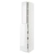 White tall kitchen cabinet with two doors and adjustable shelves, modern high gloss design.