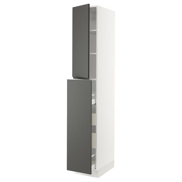 SEKTION kitchen cabinet, white & grey, tall, modern, integrated handles, adjustable shelves.