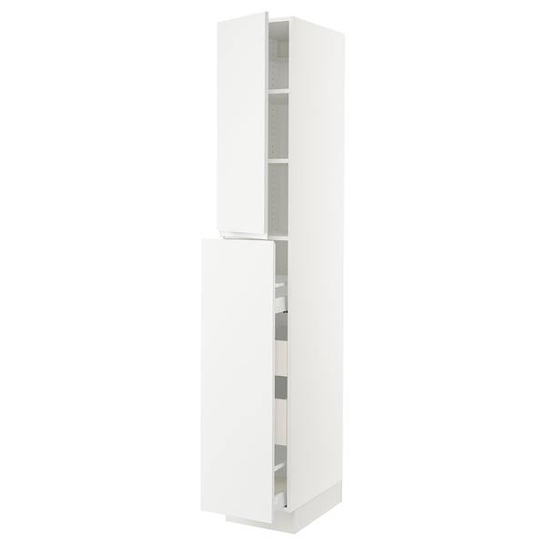 White modern kitchen cabinet with minimalist design and adjustable shelves.