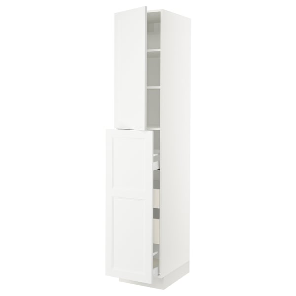 White SEKTION kitchen cabinet with two open shelves and drawers, modern design.