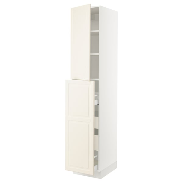 White SEKTION kitchen cabinet with adjustable shelves and bevelled off-white doors.
