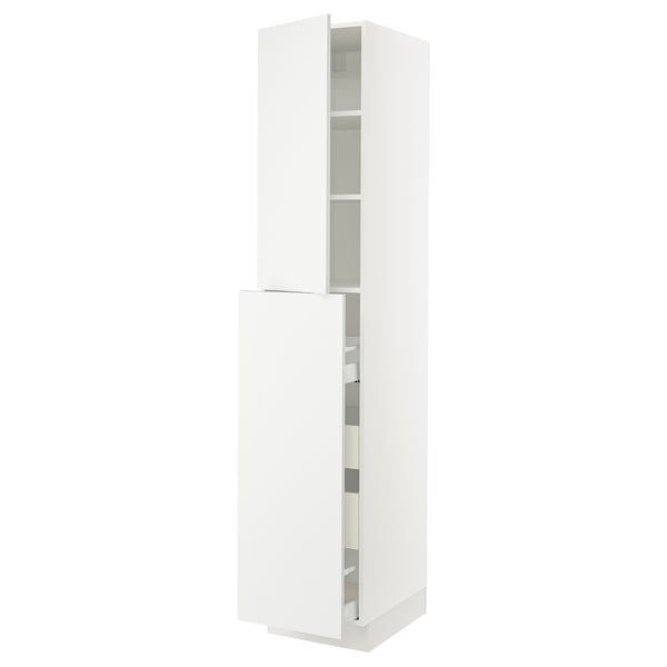 White high gloss kitchen cabinet, sleek modern design, adjustable shelves, soft-close door.