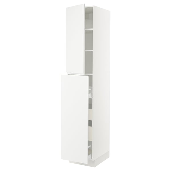 A white, minimalist kitchen cabinet with a sleek design and multiple shelves, featuring integrated handles.