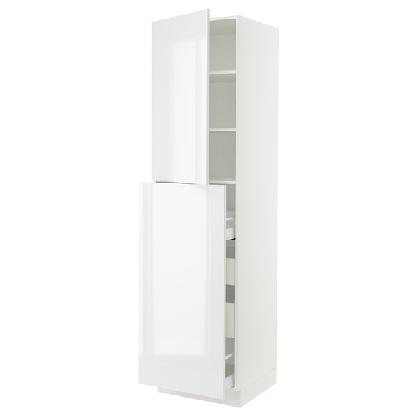 White high-gloss modern kitchen cabinet with adjustable shelves.