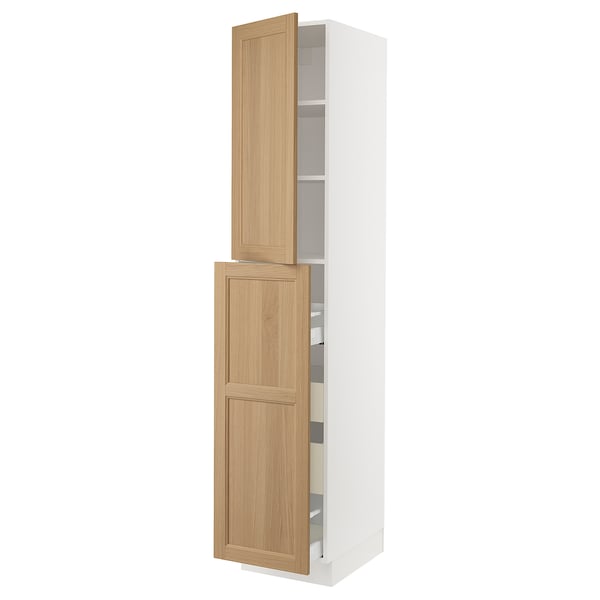 SEKTION white cabinet with oak doors, open displaying shelves and drawers.