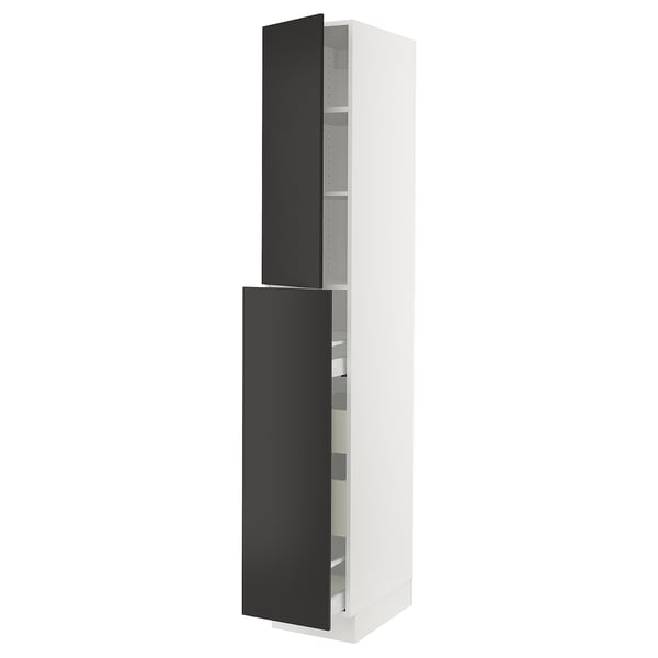 A SEKTION kitchen cabinet with two black doors and adjustable shelves, standing tall and narrow.