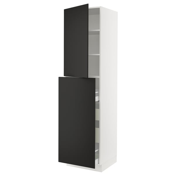 White SEKTION kitchen cabinet with black doors, adjustable shelf, slightly open top door.